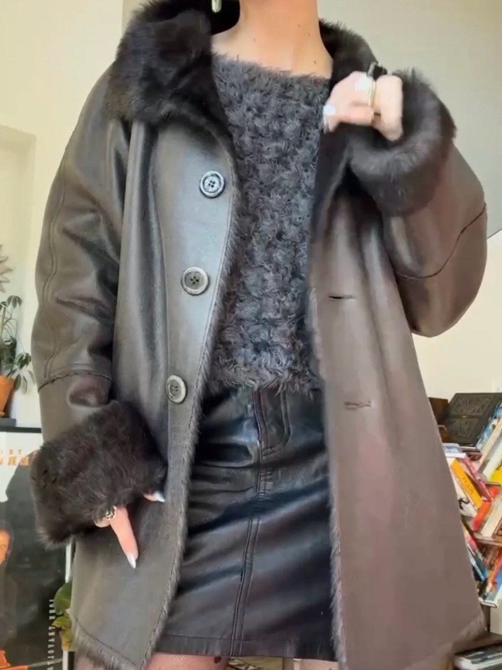 Y2K VTG Coldwater Creek Coat Metallic Black A-Line S Women Faux Leather/Fur Trim